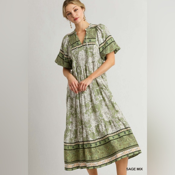 Umgee NWT Boutique Boho Hippy Floral Print Dress S - L SAGE greenBohemian Gypsy - Picture 7 of 10